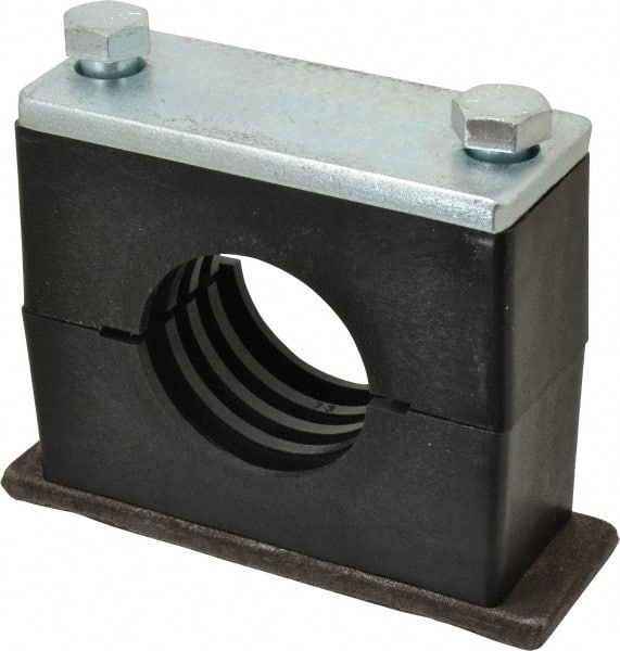 HYDAC - 7.09" Wide x 5.51" High x 2.36" Deep, Polypropylene Heavy Duty Vibration-Control Clamp - Carbon Steel Plate, For 2-1/2" Pipe, Mount with Weld Plate, Top Plate, Plastic Clamp Pair, Bolts - Exact Tooling