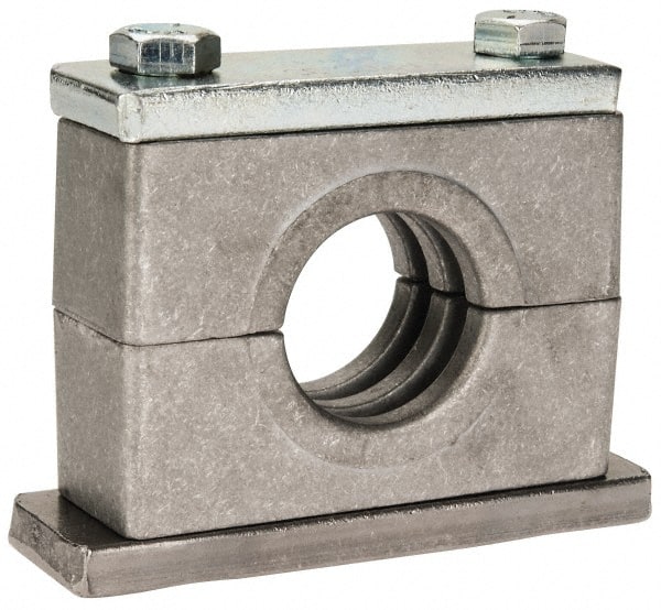 HYDAC - 3.94" Wide x 2.99" High x 1.18" Deep, Aluminum Heavy Duty Vibration-Control Clamp - Carbon Steel Plate, For 1" Pipe, Mount with Weld Plate, Top Plate, Plastic Clamp Pair, Bolts - Exact Tooling