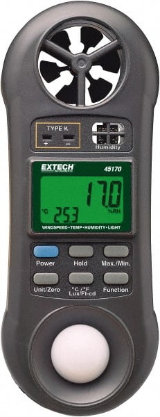 Extech - -148 to 2,372°F, 10 to 95% Humidity Range, Thermo-Hygrometer, Anemometer and Light Meter - 4% Relative Humidity Accuracy - Exact Tooling