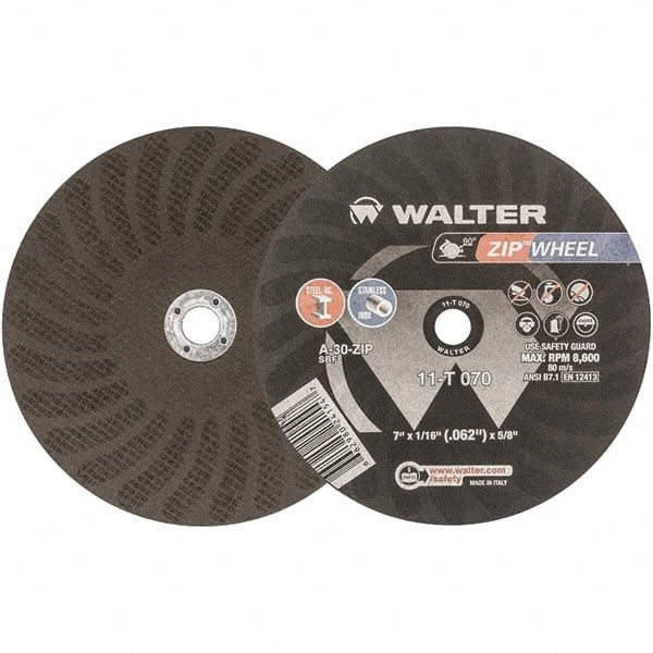 WALTER Surface Technologies - 7" 30 Grit Aluminum Oxide Cutoff Wheel - 1/16" Thick, 5/8" Arbor, 8,600 Max RPM, Use with Circular Saws - Exact Tooling