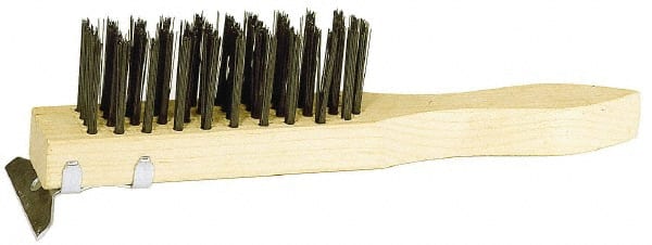 Weiler - 4 Rows x 11 Columns Steel Scratch Brush - 5-1/2" Brush Length, 11-1/2" OAL, 1-1/2" Trim Length, Wood Straight Handle - Exact Tooling