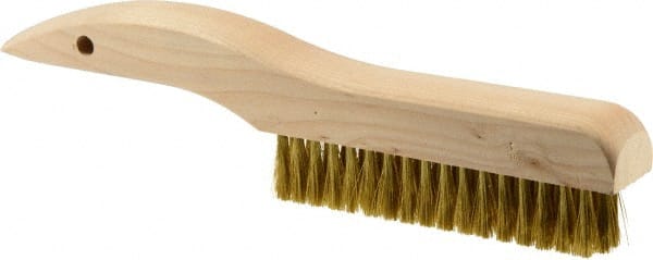 Weiler - 4 Rows x 18 Columns Brass Plater Brush - 5" Brush Length, 10" OAL, 1" Trim Length, Wood Shoe Handle - Exact Tooling