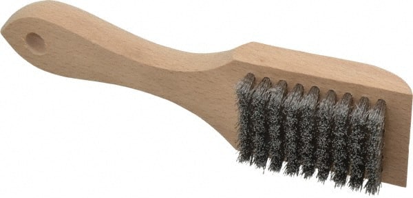 Weiler - 6 Rows x 9 Columns Aluminum Scratch Brush - 6-3/4" OAL, 1/2" Trim Length, Wood Straight Handle - Exact Tooling