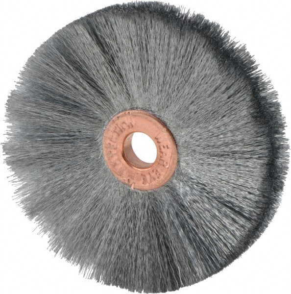 Weiler - 2" OD, 1/4" Arbor Hole, Crimped Steel Wheel Brush - 3/8" Face Width, 3/4" Trim Length, 0.003" Filament Diam, 20,000 RPM - Exact Tooling