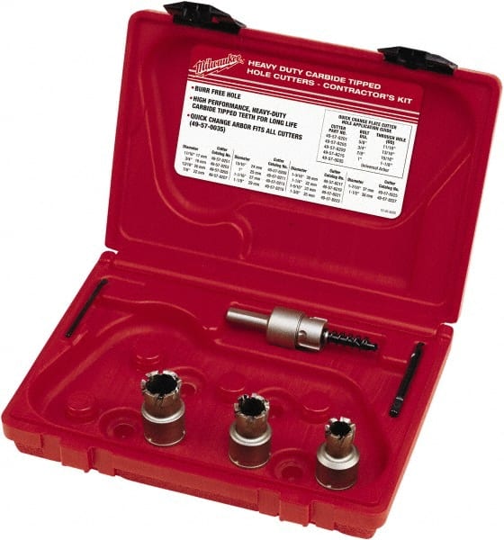 Milwaukee Tool - 5 Piece, 11/16" to 15/16" Saw Diam, Contractor's Hole Saw Kit - Carbide-Tipped, Gulleted Edge, Pilot Drill Model No. 49-57-0035, 49-57-0038, Includes 3 Hole Saws - Exact Tooling