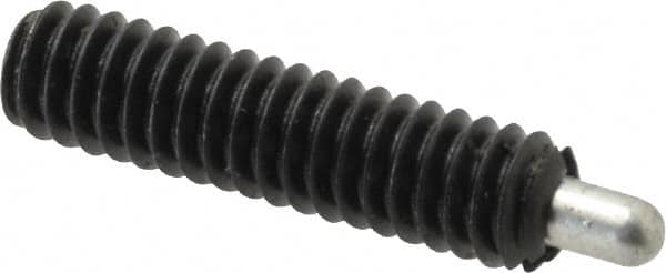 Jergens - 1/4-20, 1" Thread Length, 3/16" Plunger Projection, Steel Threaded Spring Plunger - 0.119" Max Plunger Diam, 1" Plunger Length, 1 Lb Init End Force, 4 Lb Final End Force, 1/8" Hex - Exact Tooling