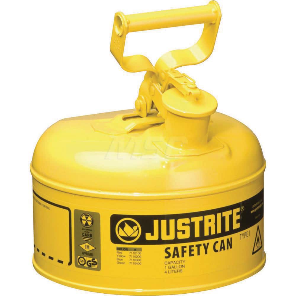 Justrite - Safety Dispensing Cans; Capacity: 1 Gal. ; Material: Steel ; Color: Yellow ; Height (Decimal Inch): 11.000000 ; Diameter/Length (mm): 9.50 ; Approval Listing/Regulations: FM Approved; UL; ULC; TUV - Exact Tooling