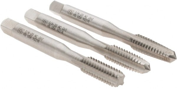 Vermont Tap & Die - 1/4-20 UNC, 4 Flute, Bottoming, Plug & Taper, Bright Finish, High Speed Steel Tap Set - Right Hand Cut, 2-1/2" OAL, 1" Thread Length, 2/3B Class of Fit, Series 3105 - Exact Tooling