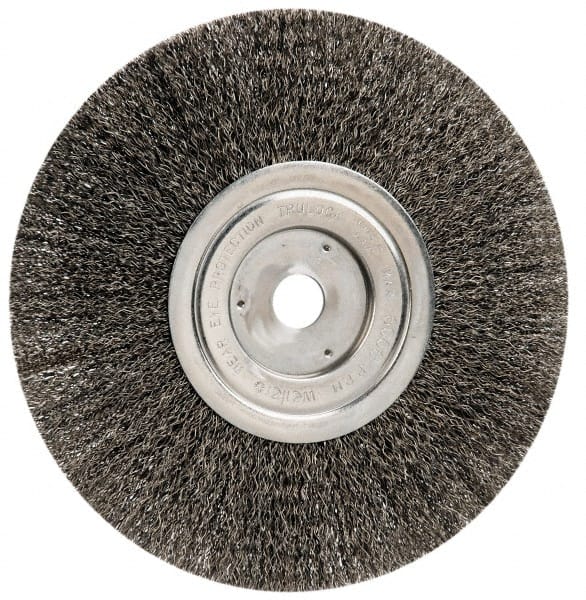 Weiler - 8" OD, 3/4" Arbor Hole, Crimped Steel Wheel Brush - 1/2" Face Width, 2-1/16" Trim Length, 0.014" Filament Diam, 6,000 RPM - Exact Tooling