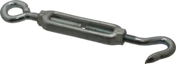 Made in USA - 144 (Eye) & 174 (Hook) Lb Load Limit, 3/8" Thread Diam, 2-7/8" Take Up, Malleable Iron Hook & Eye Turnbuckle - 3-7/8" Body Length, 1/4" Neck Length, 7-1/2" Closed Length - Exact Tooling