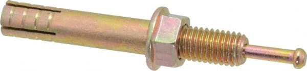 Wej-It - 1/2" Diam, 1/2" Drill, 3-1/2" OAL, 2-1/4" Min Embedment Hammer Drive Concrete Anchor - Grade 5 Iron (Pin)/Steel (Body), Zinc Yellow Dichromate Finish, Hex Nut Head, Hex Drive - Exact Tooling