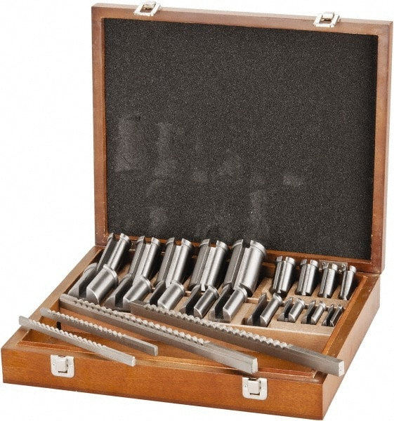 Value Collection - 27 Piece, 1/8 to 3/8" Keyway Width, Style B & C Keyway Broach Set - Bright Finish High Speed Steel Broach, Collared Bushing, 1/2 to 1-9/16" Bushing Diam - Exact Tooling