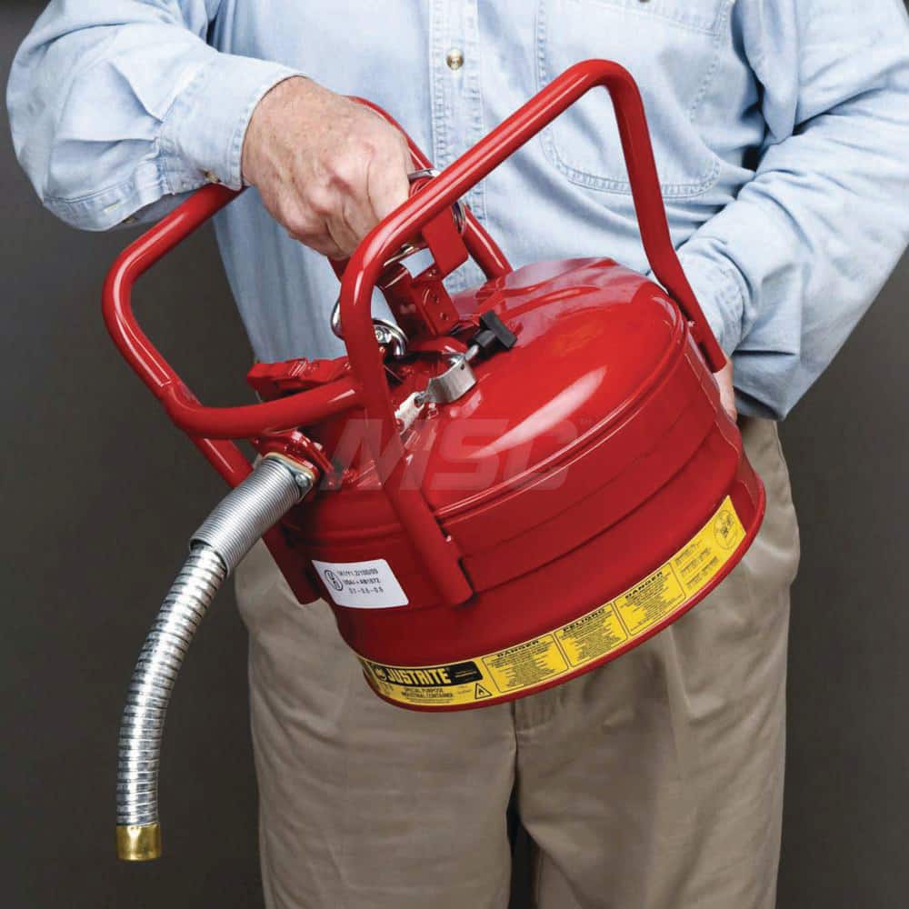 Justrite - Safety Dispensing Cans; Capacity: 2.5 Gal ; Material: Steel ; Color: Red ; Height (Decimal Inch): 12.700000 ; Diameter/Length (mm): 11.75 ; Approval Listing/Regulations: FM Approved; DOT; UN - Exact Tooling