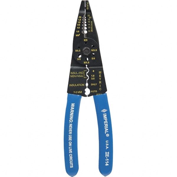 Imperial - 10 to 22 AWG Capacity Wire Stripper/Cutter/Crimper - 7-1/2" OAL, Hardened Steel with Cushion Grip Handle - Exact Tooling