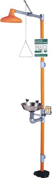 PRO-SAFE - 1-1/4" Inlet, 20 GPM shower Flow, Drench shower & Eyewash Station - Bowl, Triangular Pull Rod & Push Flag Activated, Galvanized Steel Pipe, Plastic Shower Head, 0.4 GPM Bowl Flow, Corrosion Resistant, Top or Mid Supply - Exact Tooling