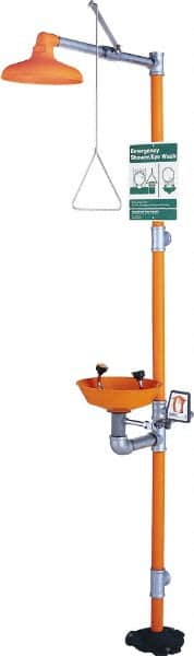 PRO-SAFE - 1-1/4" Inlet, 20 GPM shower Flow, Drench shower & Eyewash Station - Bowl, Triangular Pull Rod & Push Flag Activated, Galvanized Steel Pipe, Plastic Shower Head, 0.4 GPM Bowl Flow, Corrosion Resistant, Top or Mid Supply - Exact Tooling