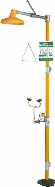 PRO-SAFE - 1-1/4" Inlet, 20 GPM shower Flow, Drench shower, Eye & Face Wash Station - No Bowl, Triangular Pull Rod & Push Flag Activated, Galvanized Steel Pipe, Plastic Shower Head, 3 GPM Bowl Flow, Corrosion Resistant, Top or Mid Supply - Exact Tooling