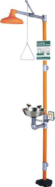 PRO-SAFE - 1-1/4" Inlet, 20 GPM shower Flow, Drench shower, Eye & Face Wash Station - Bowl, Triangular Pull Rod & Push Flag Activated, Galvanized Steel Pipe, Plastic Shower Head, 3 GPM Bowl Flow, Corrosion Resistant, Top or Mid Supply - Exact Tooling