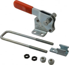 Lapeer - 1,000 Lb Capacity, Vertical, U Hook, Flanged Base, Carbon Steel Pull Action Latch Clamp - 2" Drawing Movement, 4" OAL, Straight Handle - Exact Tooling