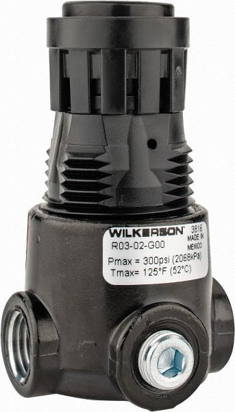 Wilkerson - 1/4 NPT Port, 15 CFM, Zinc Miniature Regulator - 2 to 125 psi Range, 300 Max psi Supply Pressure, 1/8" Gauge Port Thread, 1.65" Wide x 2.88" High - Exact Tooling