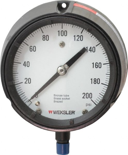 Made in USA - 4-1/2" Dial, 1/4 Thread, 0-200 Scale Range, Pressure Gauge - Lower Connection Mount, Accurate to 1% of Scale - Exact Tooling