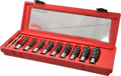 Milwaukee Tool - 9 Piece, 1/2 to 15/16" Cutter Diam, 2" Cutting Depth, Steel Annular Cutter Set - Bright Finish, 3/4" Shank Diam, 1/2", 9/16", 5/8", 11/16", 3/4", 13/16", 7/8", 15/16", 1-1/16" Cutter Diams, 2 Flats on Shank - Exact Tooling