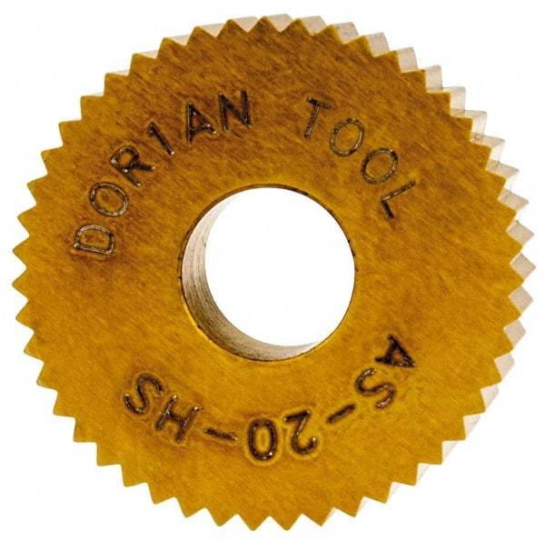 Dorian Tool - 3/4" Diam, 90° Tooth Angle, 20 TPI, Standard (Shape), Form Type High Speed Steel Straight Knurl Wheel - 3/8" Face Width, 1/4" Hole, Circular Pitch, Bright Finish, Series A - Exact Tooling