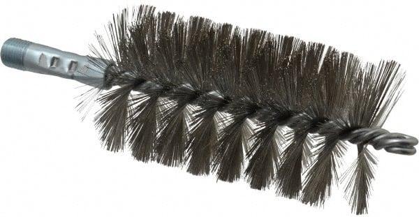 Schaefer Brush - 4-1/2" Brush Length, 2-1/2" Diam, Double Stem, Single Spiral Tube Brush - 7-1/4" Long, Stainless Steel, 1/4" NPSM Male Connection - Exact Tooling
