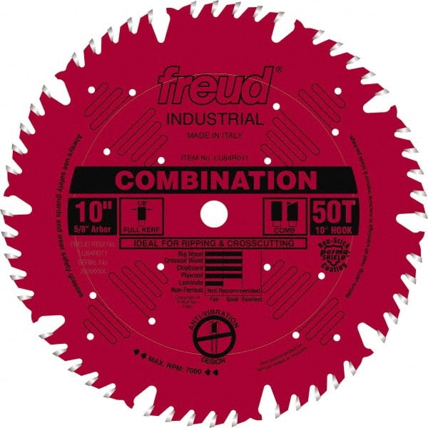 Freud - 10" Diam, 5/8" Arbor Hole Diam, 50 Tooth Wet & Dry Cut Saw Blade - Carbide-Tipped, Standard Round Arbor - Exact Tooling