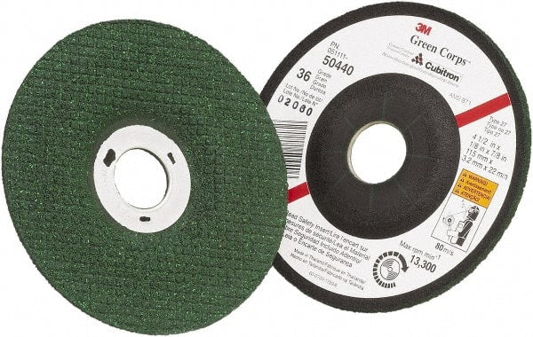3M - 36 Grit, 4-1/2" Wheel Diam, 1/8" Wheel Thickness, 7/8" Arbor Hole, Type 27 Depressed Center Wheel - Ceramic - Exact Tooling