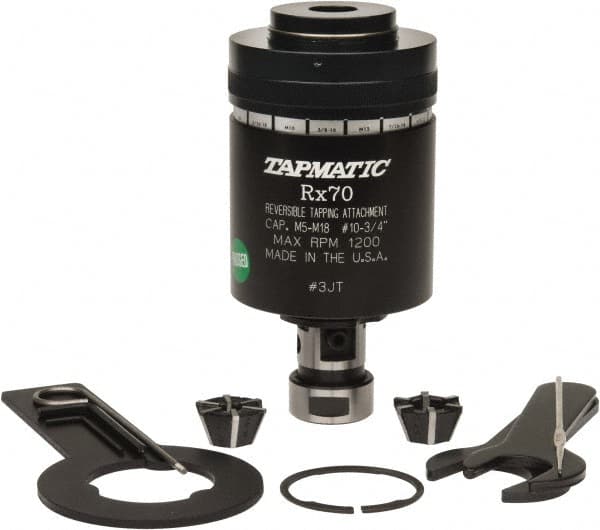 Tapmatic - Model RX70, M5 Min Tap Capacity, M18 Max Mild Steel Tap Capacity, JT3 Mount Tapping Head - 24100 (J441), 24500 (J445) Compatible, Includes Tap Clamping Wrenches and 2 collets, for Manual Machines - Exact Tooling