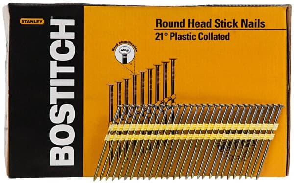 Stanley Bostitch - 0.12" Shank Diam 3-1/4" Long Framing Nails for Power Nailers - Plastic, Bright Finish, Smooth Shank, Angled Stick Plastic Collation, Round Head, Diamond Point - Exact Tooling