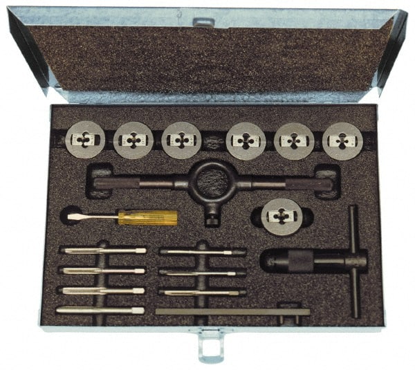 Cle-Line - #4-40 to 1/4-20 Tap, #4-40 to 1/4-20 Die, UNC, Tap and Die Set - Plug Taps, Nonadjustable, 18 Piece Set - Exact Tooling