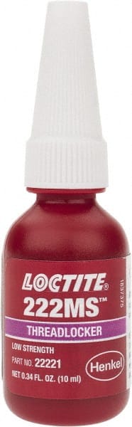 Loctite - 10 mL Bottle, Purple, Low Strength Liquid Threadlocker - Series 222MS, 24 hr Full Cure Time, Hand Tool Removal - Exact Tooling