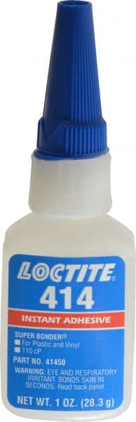 Loctite - 1 oz Bottle Clear Instant Adhesive - Series 414, 20 sec Fixture Time, 24 hr Full Cure Time, Bonds to Metal, Plastic & Rubber - Exact Tooling