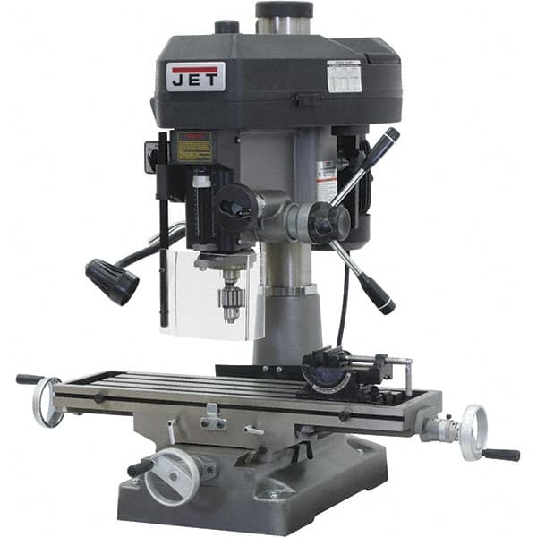 Jet - 1 Phase, 15-7/8" Swing, Variable Speed Pulley Mill Drill Combination - 9-1/2" Table Length x 32-1/4" Table Width, 20-1/2" Longitudinal Travel, 7" Cross Travel, 12 Spindle Speeds, 2 hp, 115/230 Volts - Exact Tooling
