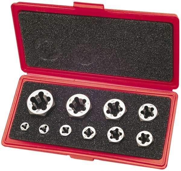 Cle-Line - 1/4-20 to 1-8 UNC, Hex Die Set - Carbon Steel, 10 Piece Set, Comes with Plastic Case - Exact Tooling