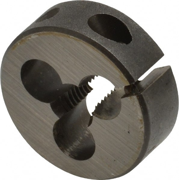 Cle-Line - 1/4-28 UNF Thread, 1" Outside Diam Carbon Steel Round Die - 3/8" Thick, Right Hand Thread, Adjustable - Exact Tooling