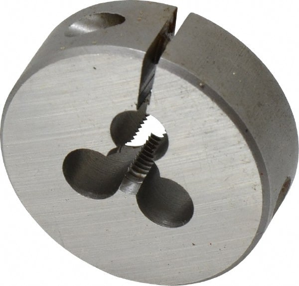 Cle-Line - 1/4-28 UNF Thread, 1-1/2" Outside Diam Carbon Steel Round Die - 2" Thick, Right Hand Thread, Adjustable - Exact Tooling