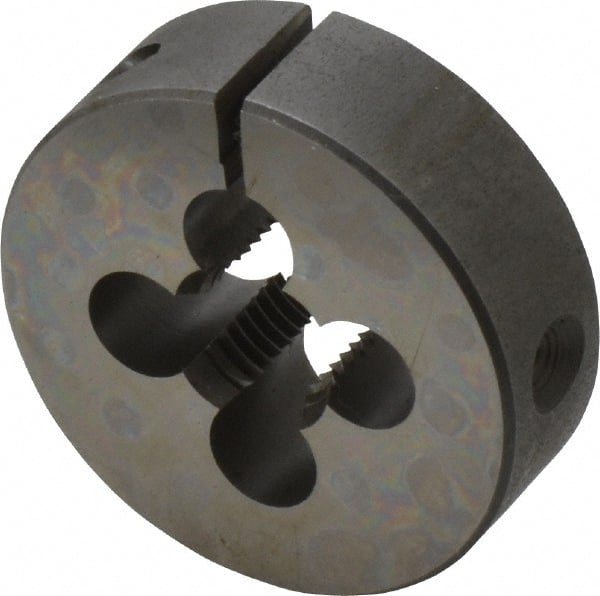 Cle-Line - 7/16-20 UNF Thread, 1-1/2" Outside Diam Carbon Steel Round Die - 2" Thick, Right Hand Thread, Adjustable - Exact Tooling