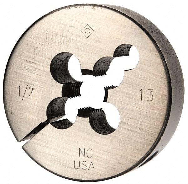 Cle-Line - 1/2-13 UNC Thread, 2" Outside Diam Carbon Steel Round Die - 5/8" Thick, Right Hand Thread, Adjustable - Exact Tooling