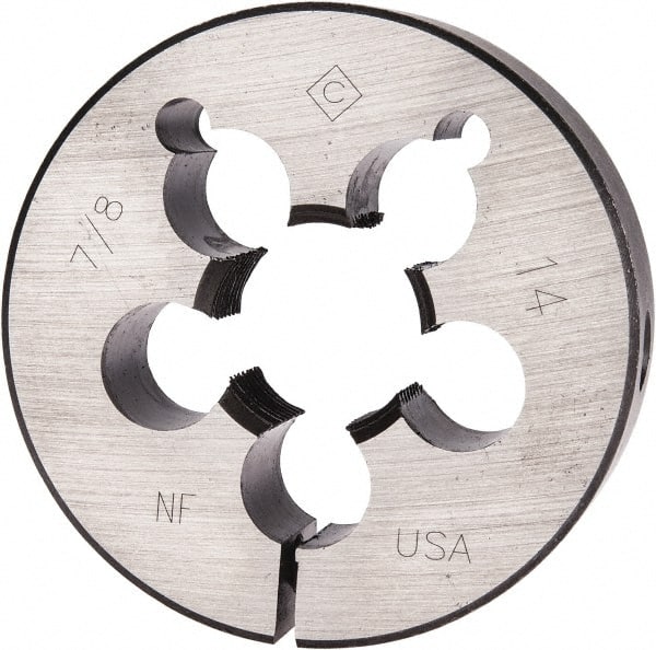 Cle-Line - 7/8-14 UNF Thread, 2-1/2" Outside Diam Carbon Steel Round Die - 3/4" Thick, Right Hand Thread, Adjustable - Exact Tooling