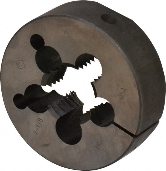 Cle-Line - 1-1/8 - 7 UNC Thread, 3" Outside Diam Carbon Steel Round Die - 1" Thick, Right Hand Thread, Adjustable - Exact Tooling