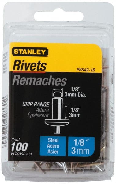 Stanley - Steel Color Coded Blind Rivet - Steel Mandrel, 0.062" to 1/8" Grip, 1/4" Head Diam, 0.125" to 0.133" Hole Diam, 0.275" Length Under Head, 1/8" Body Diam - Exact Tooling