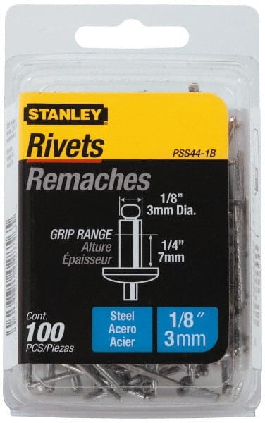 Stanley - Steel Color Coded Blind Rivet - Steel Mandrel, 3/8" to 1/2" Grip, 1/4" Head Diam, 0.125" to 0.133" Hole Diam, 0.65" Length Under Head, 1/8" Body Diam - Exact Tooling
