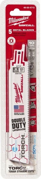 Milwaukee Tool - 6" Long x 1" Thick, Bi-Metal Reciprocating Saw Blade - Straight Profile, 10 TPI, Toothed Edge, Universal Shank - Exact Tooling