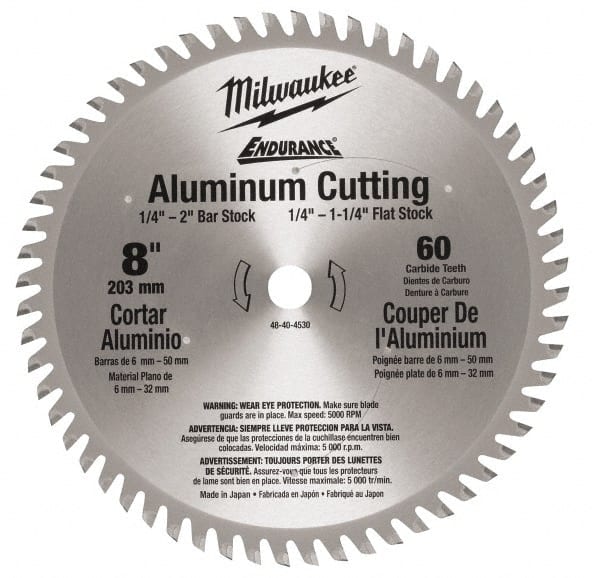 Milwaukee Tool - 8" Diam, 5/8" Arbor Hole Diam, 60 Tooth Wet & Dry Cut Saw Blade - Carbide-Tipped, Burr-Free & Smooth Action, Standard Round Arbor - Exact Tooling