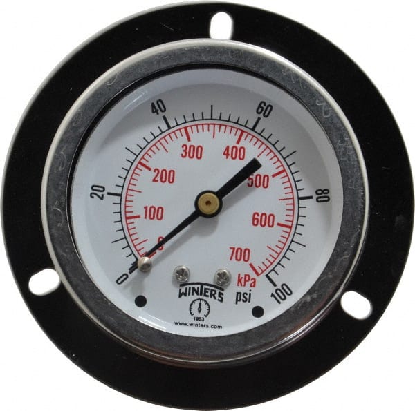 Winters - 2-1/2" Dial, 1/4 Thread, 0-100 Scale Range, Pressure Gauge - Front Flange Panel Mount, Center Back Connection Mount, Accurate to 1.5% of Scale - Exact Tooling