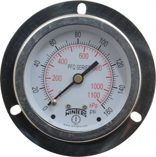 Winters - 2-1/2" Dial, 1/4 Thread, 0-160 Scale Range, Pressure Gauge - Front Flange Panel Mount, Center Back Connection Mount, Accurate to 1.5% of Scale - Exact Tooling