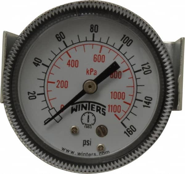 Winters - 2" Dial, 1/8 Thread, 0-160 Scale Range, Pressure Gauge - U-Clamp Panel Mount, Center Back Connection Mount, Accurate to 2.5% of Scale - Exact Tooling